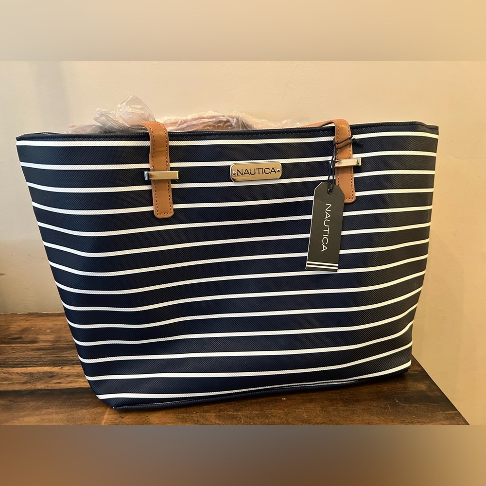 NWT Nautica Indigo & White Striped Tote Bag Nautical Beach Vacation Preppy